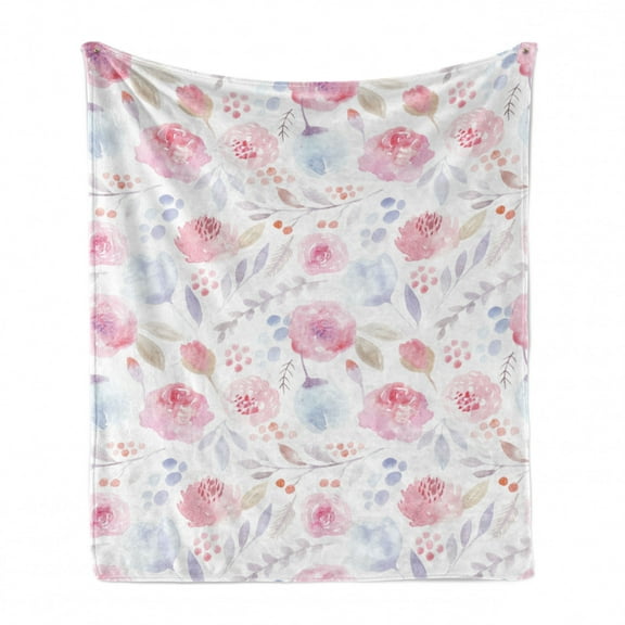 Watercolor Soft Flannel Fleece Throw Blanket, Delicate Spring Pattern Blooming Roses Buds Leaves Feminine Romantic, Cozy Plush for Indoor and Outdoor Use, 50" x 70", Pale Pink Baby Blue, by Ambesonne
