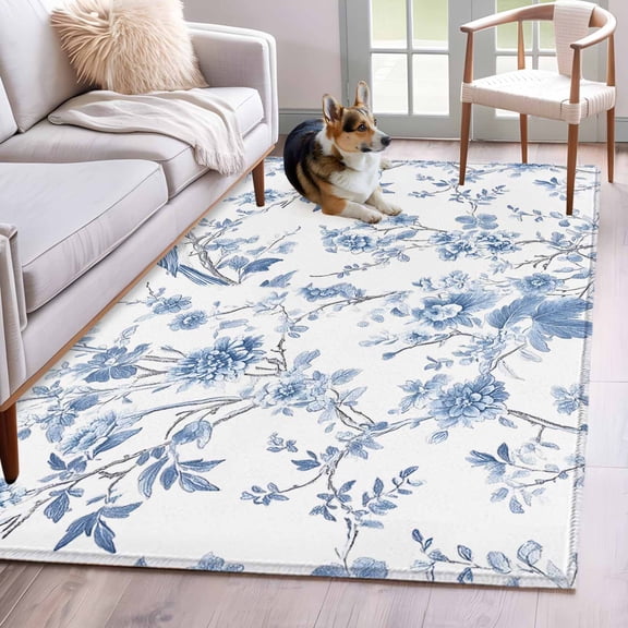 Blue White Spring Floral Area Rug 3x5 Washable Rug Non Slip Summer Botanical Birds Large Area Rug Indoor Floor Carpet for Entryway Bedroom Kitchen Living Room Home Office Dining Room Nursery