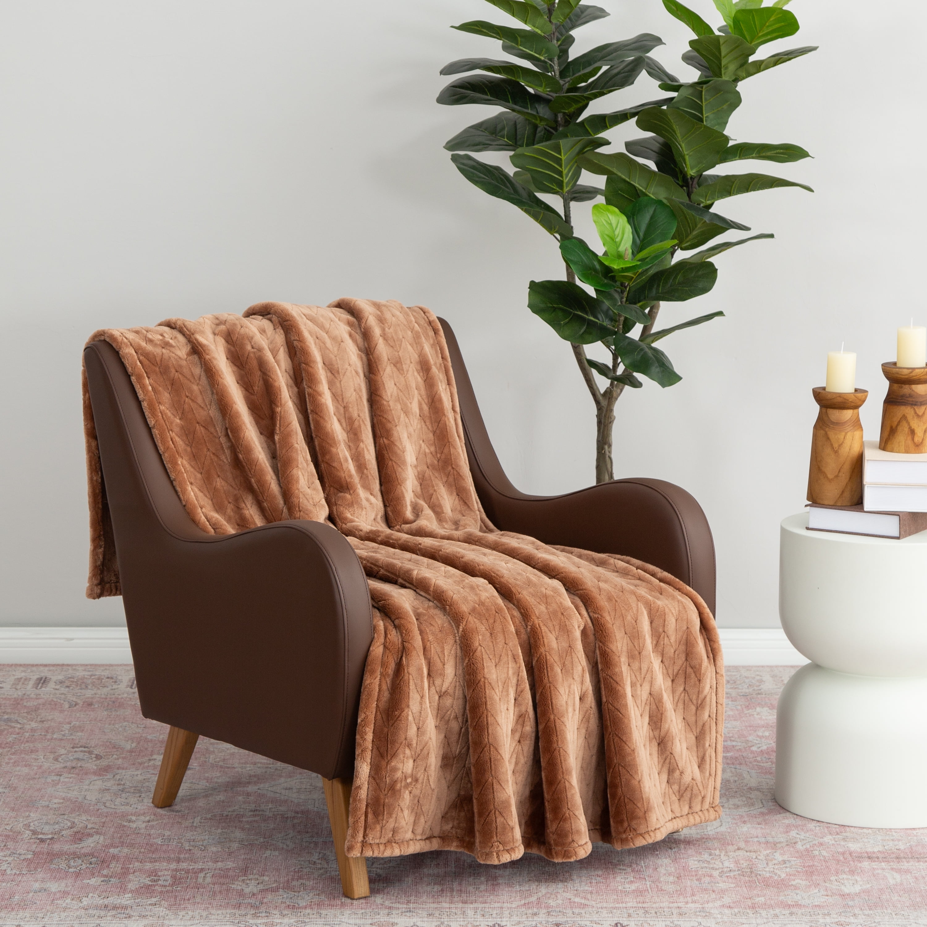 Better Homes & Gardens Textured Velvet Plush Soft Fleece Throw Blanket, Oversized, Brown Wool