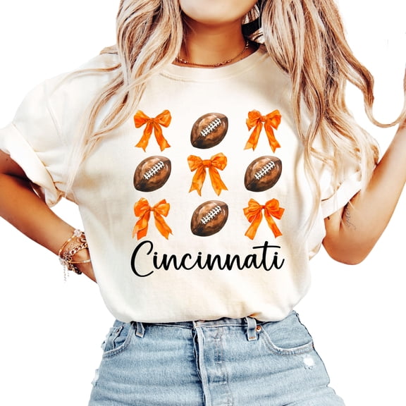 Cincinnati Football Shirt for Women and Teens Girly Orange Bows and Footballs Ohio Team Tee Ivory Shirt Adult Small