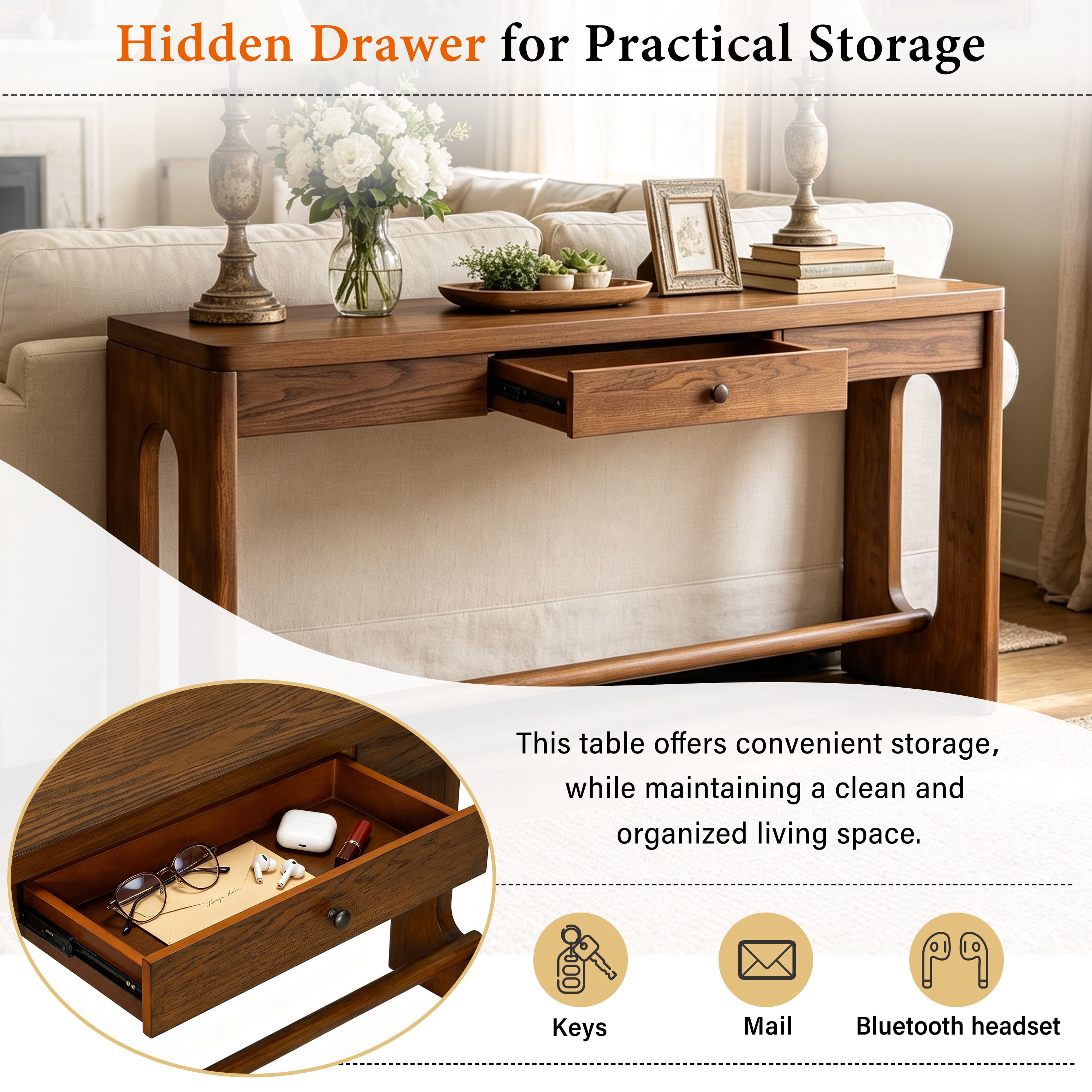 Euroco 59.8" Wood Console Table with Drawer,Modern Narrow Entryway Table with Oval Cutout Leg for Living Room, Foyer,Sofa Table Behind Couch,Brown