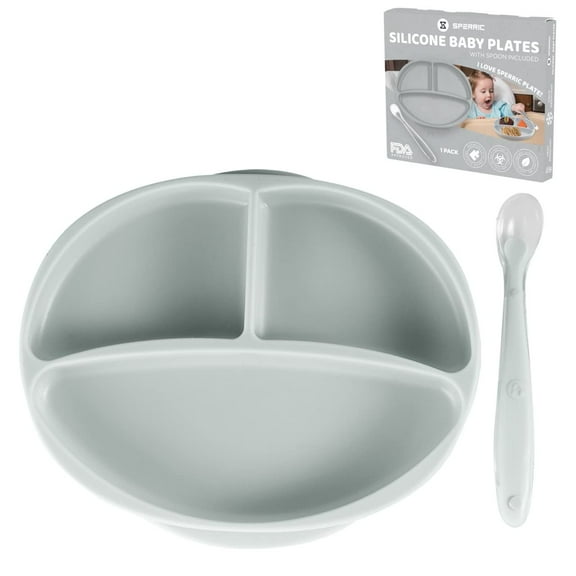 Baby Self-Feeding Silicone Suction Plate – Grip Dish, Food-Grade Suction Plate for Weaning Babies, BPA-Free, Microwave, Dishwasher & Oven Safe (Gray)