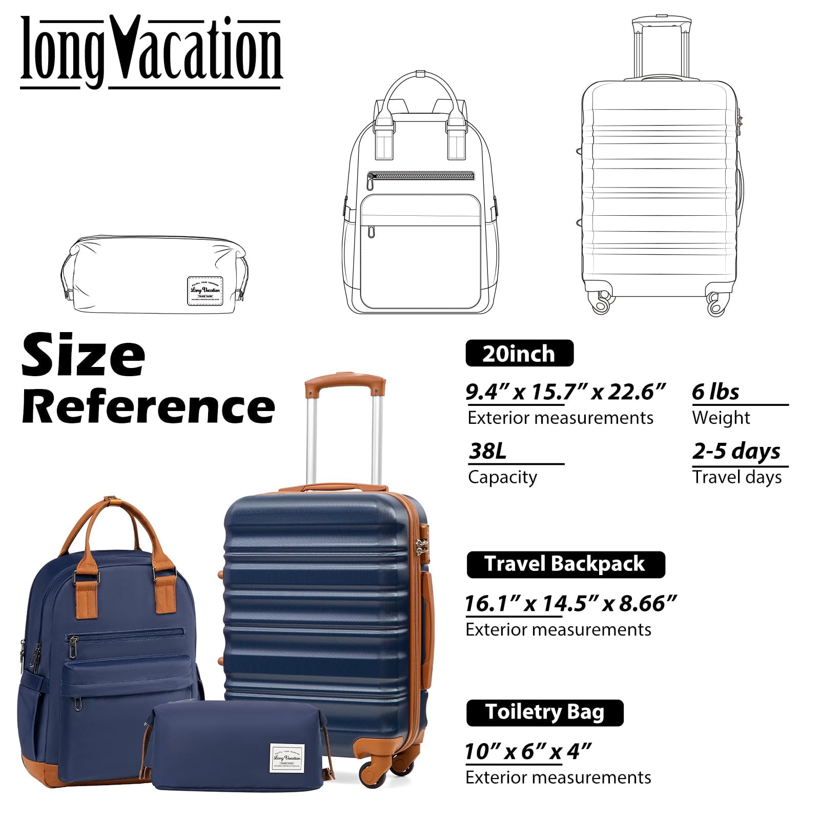 LONG VACATION Carry On Luggage Sets 3 Piece 20 Inch Suitcase Set, ABS+PC Hardshell Lightweight Travel Luggage with Spinner Wheels & YKK Zipper TSA Lock (20 INCH (BP/TB), NAVY)