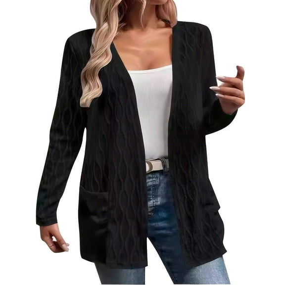 Jxximdong Women Blouses, Elegant Solid Color Hollow Pocket Women's Cardigan Jacket, Black Daily Dresses for Women
