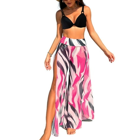 Previn Women s 3 Piece Bikini Set Cover Up Pant Printed Adjustable Shoulder Straps Bath Suit Cool Curvy Brief Beachwear Billowy Spring Break Black Pink Medium