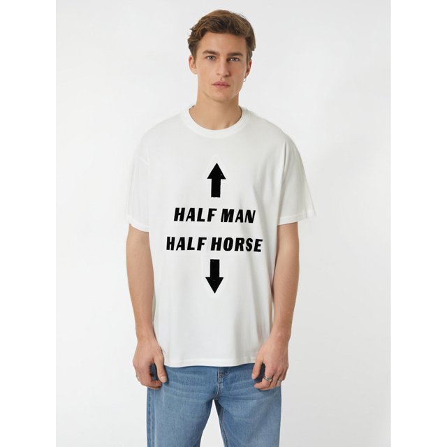 Men's Adult Graphic tee T-ShirtMen's Athletic Cotton Tee, Vintage Style Crew Neck T-Shirt, Short Sleeve Casual Streetwear Tops With " Half Man Half Horse " Letter Print Tee For Adult, Men, Women, Te