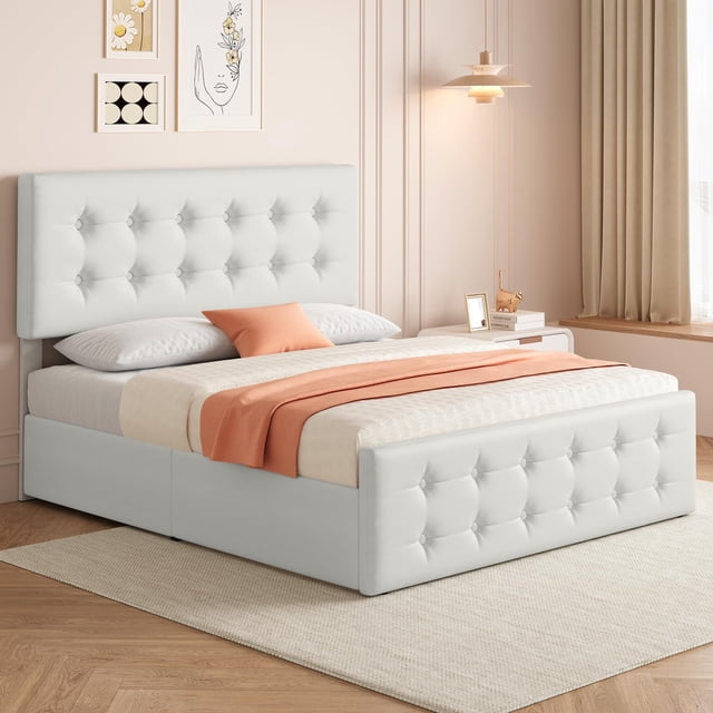 QinaQin Upholstered Bed Frame with 4 Storage Drawers, Tufted Headboard and Wooden Slats, No Box Spring Required