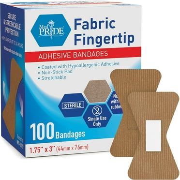MED PRIDE Sterile Adhesive Bandages Fabric Fingertip Bandage Tape for Wound Care, 1.75 x 3” 100-Pack