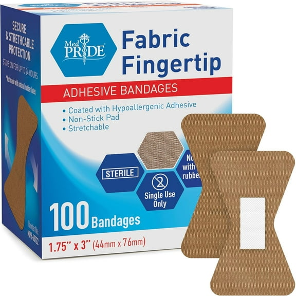 MED PRIDE Sterile Fingertip Fabric Bandages 1.75in X 3in Hypoallergenic Latex-Free Adhesive Finger Tip Band-Aids 100 Count for Sensitive Skin