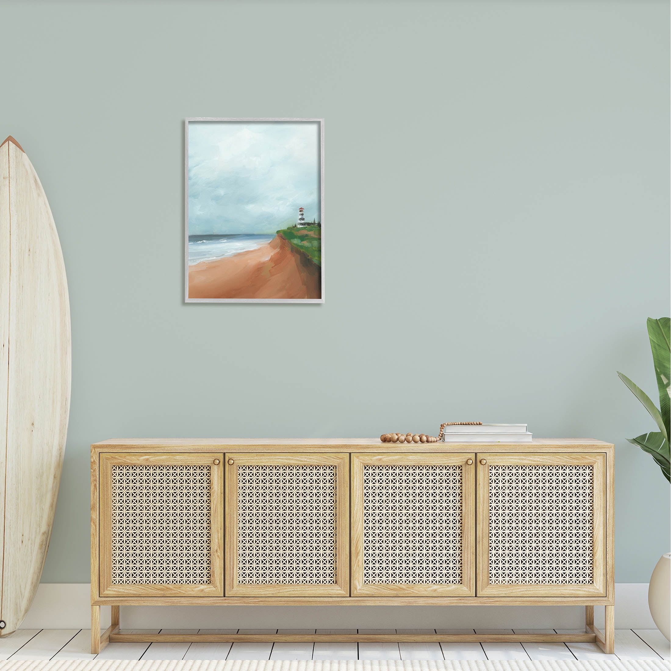 Distant Lighthouse Beach Shore Coastal Painting Gray Framed Art Print Wall Art
