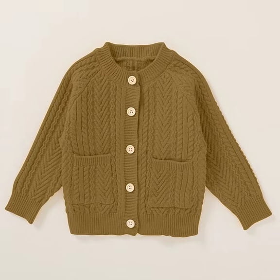 GiLiling Baby Toddler Girls Solid Color Cable Knit Cardigan Long Sleeve Crewneck Chunky Crochet Open Front with Pockets Fall Winter Sweater (Coffee, 12-18 Months)