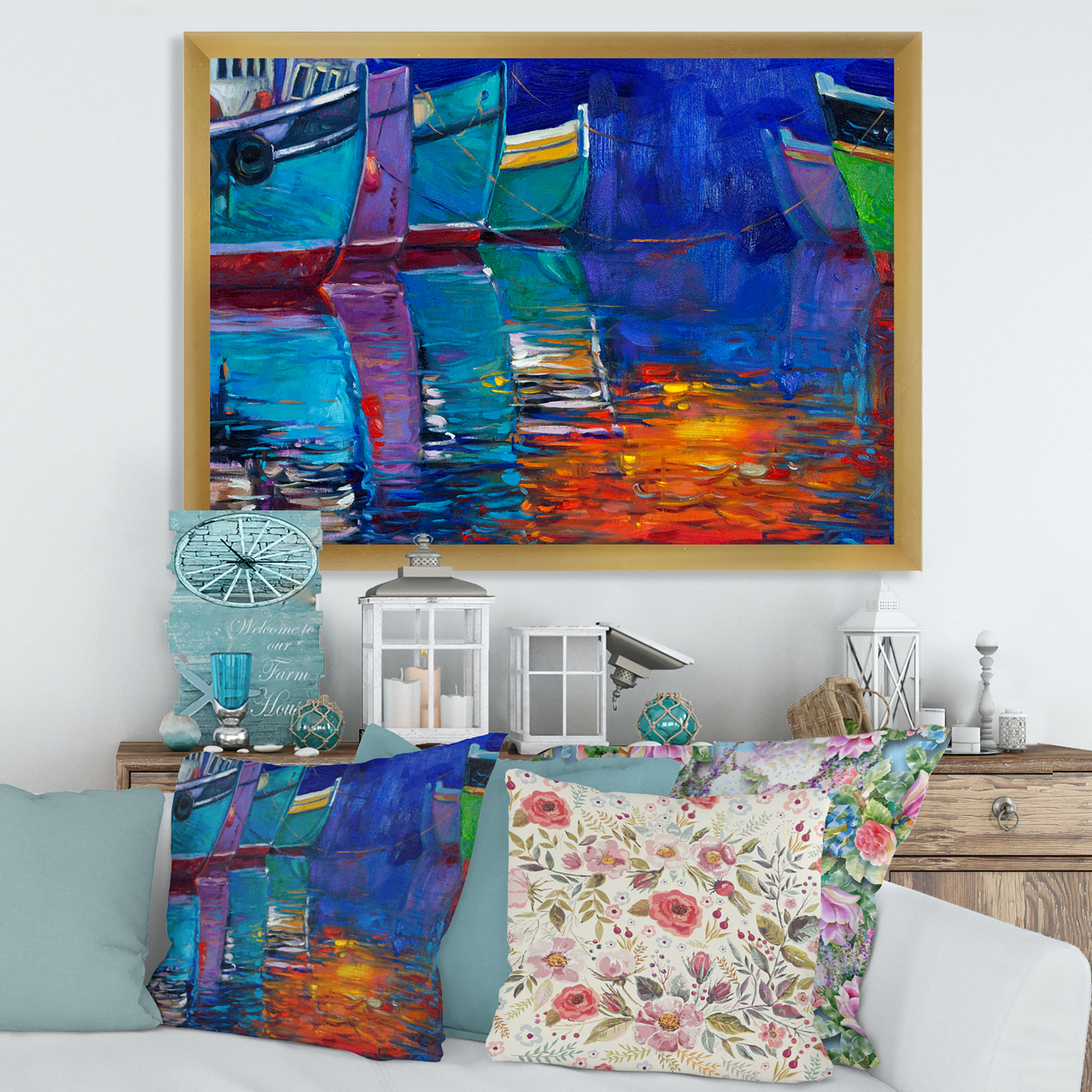 Boats During Warm Sunset Resting On The Water I 40 in x 30 in Framed Painting Canvas Art Print, by Designart