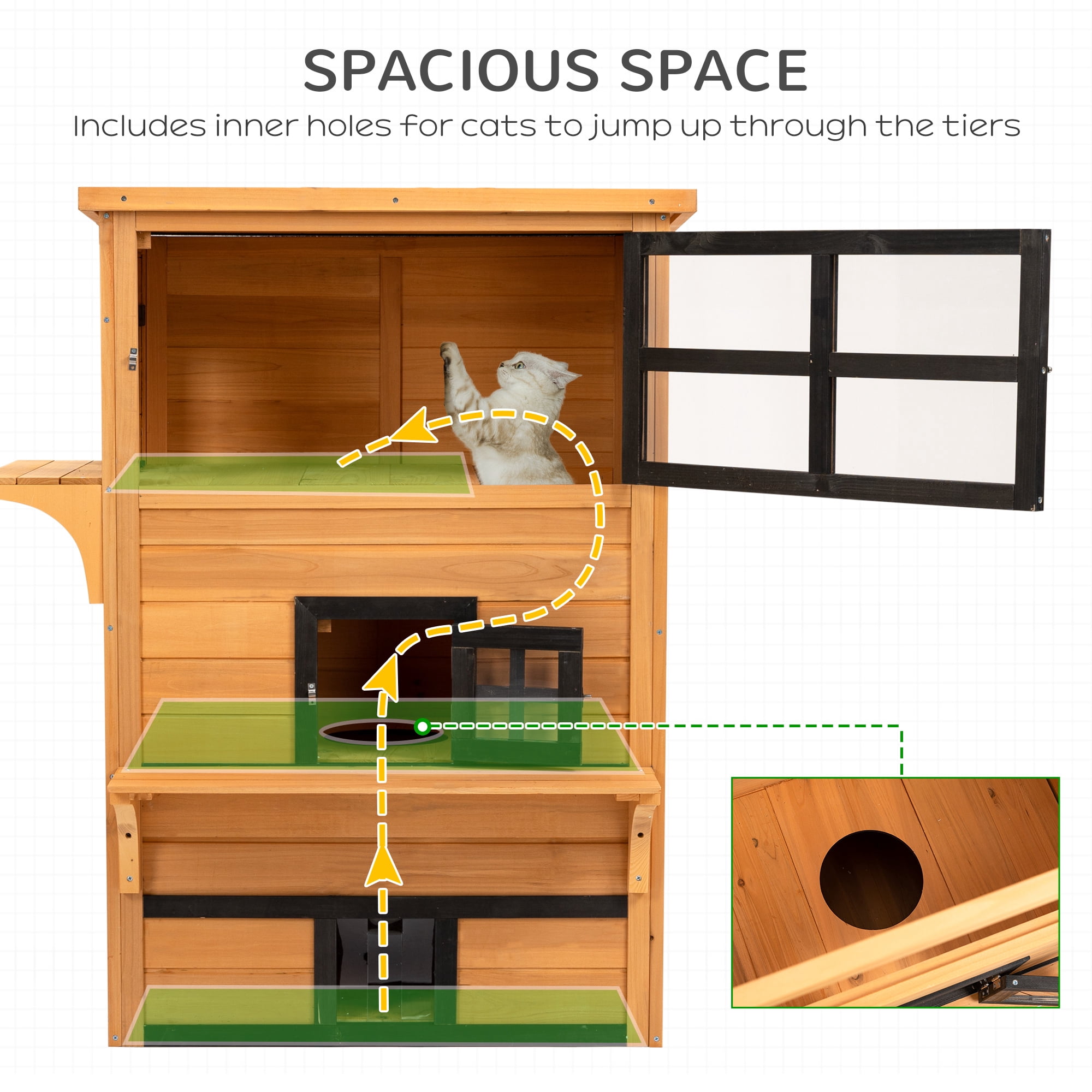 3-Story Cat House Feral Cat Shelter, Outdoor Kitten Condo with Raised Floor, Asphalt Roof, Escape Doors, Jumping Platforms, Yellow