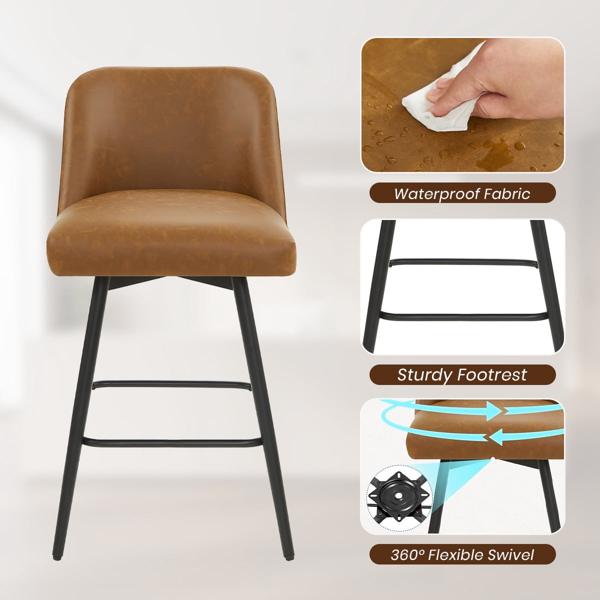 Modern Bar Stools Set of 4, 26" H Swivel Counter Height Barstools with High Backs, Kitchen Island Stools, For Bar & Home,Faux Leather, Brown