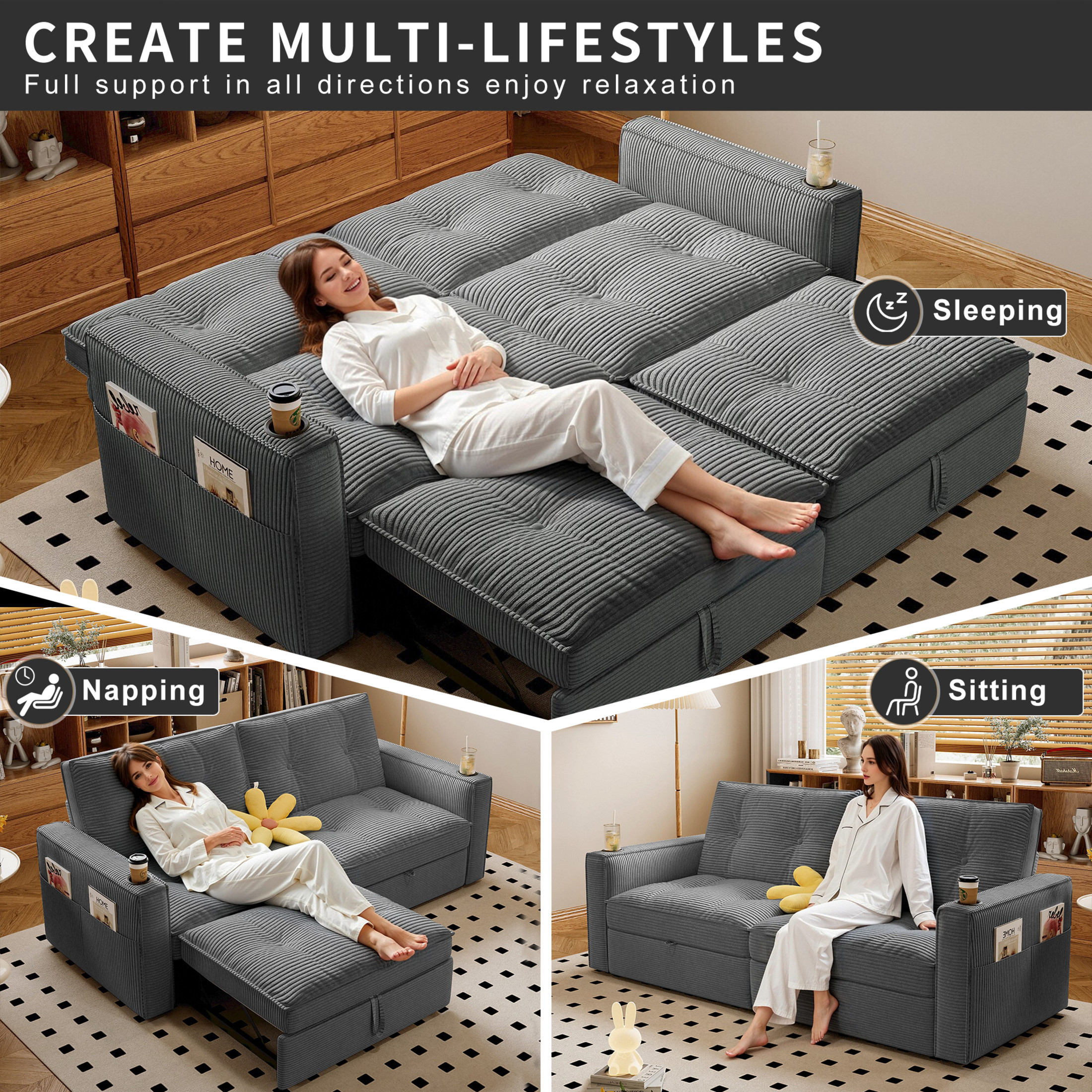 Noble House 2-in-1 Convertible Pull Out Sofa Bed with Adjustable Backrest, 73" Modern Corduroy Sleeper Couch, Gray