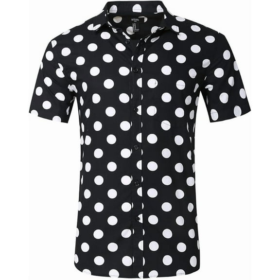 Men's Regular Fit Short Sleeve Dress Shirt Premium Polka Dot Prints Button Down Casual Shirts L