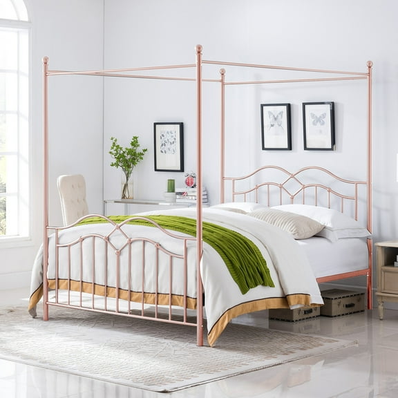 Christopher Knight Home 61" Queen Size Metal Canopy Bed Frame with Wavy Headboard and Footboard, Pink