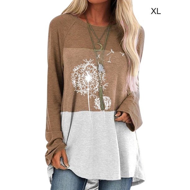 Qarigey Suéter suelto de manga larga para mujer, camisa informal con estampado de cuello redondo, sudadera informal con estampado para chica Prendas para la parte del cuerpo Caqui XL Qarigey AP003825-04