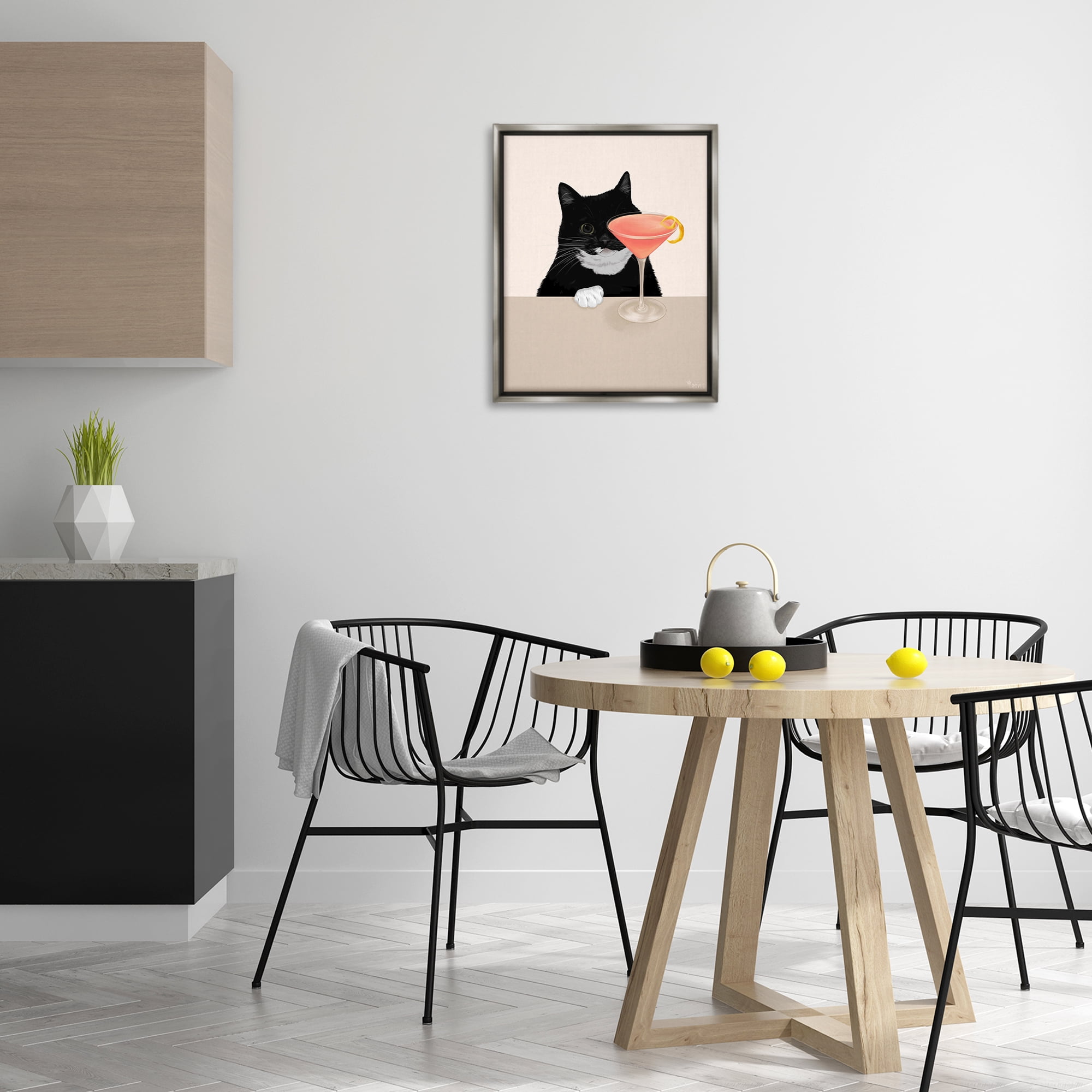 Stupell Industries Cat & Pink Cocktail Food & Beverage Painting Gray Floater Framed Art Print Wall Art, 17 x 21