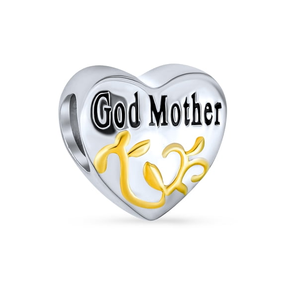 Bling Jewelry Womens Heart Shaped God Mother Charm Bead 14K Gold Plated Sterling Silver for Bracelet