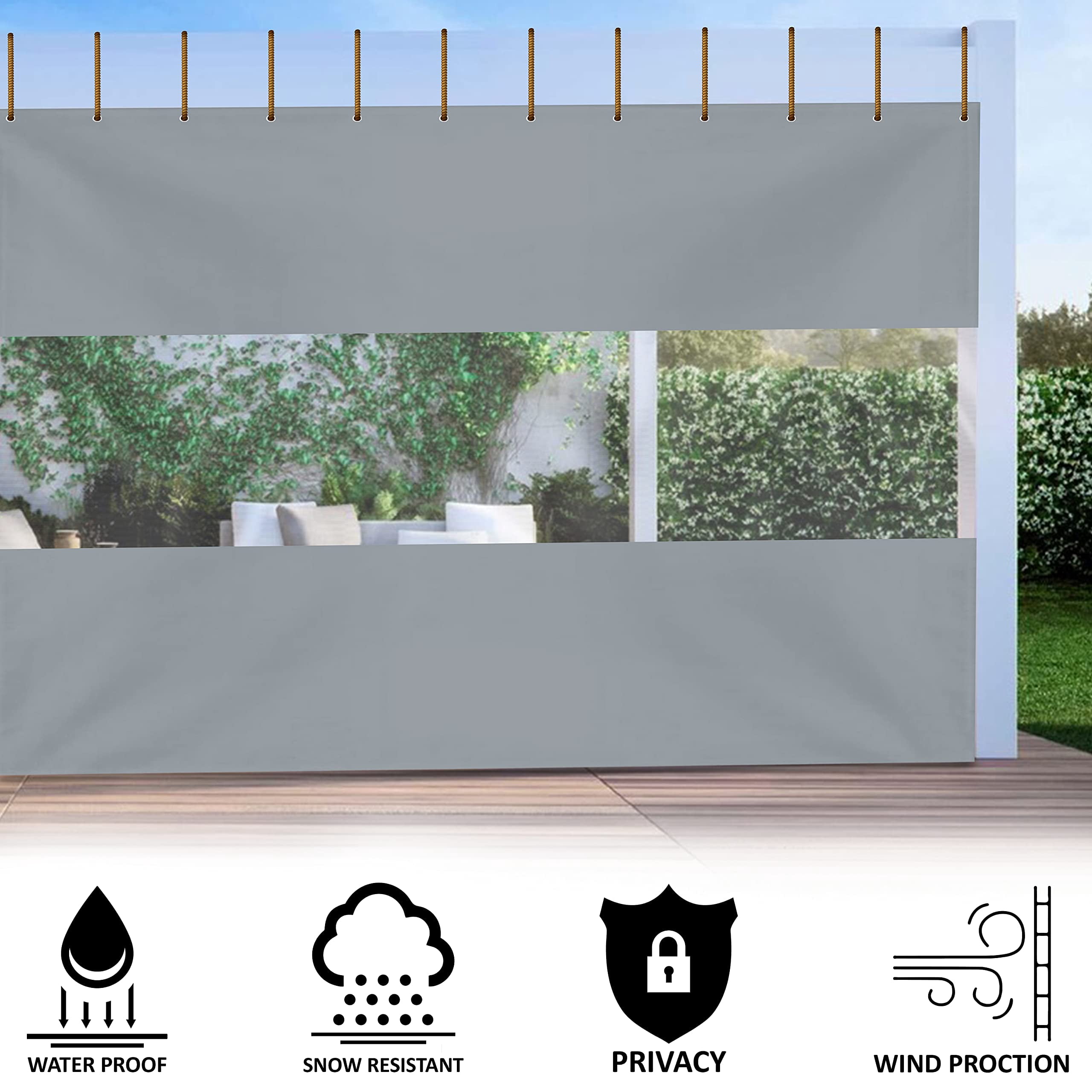 COVERS&ALL Outdoor Clear Panel Curtain, 18 Oz Tarp Tuff Waterproof & UV Resistant Material with Rustproof Grommets, Multi-Purpose Ideal for Outdoors/Indoors (7' H x 12' W feet, Grey)