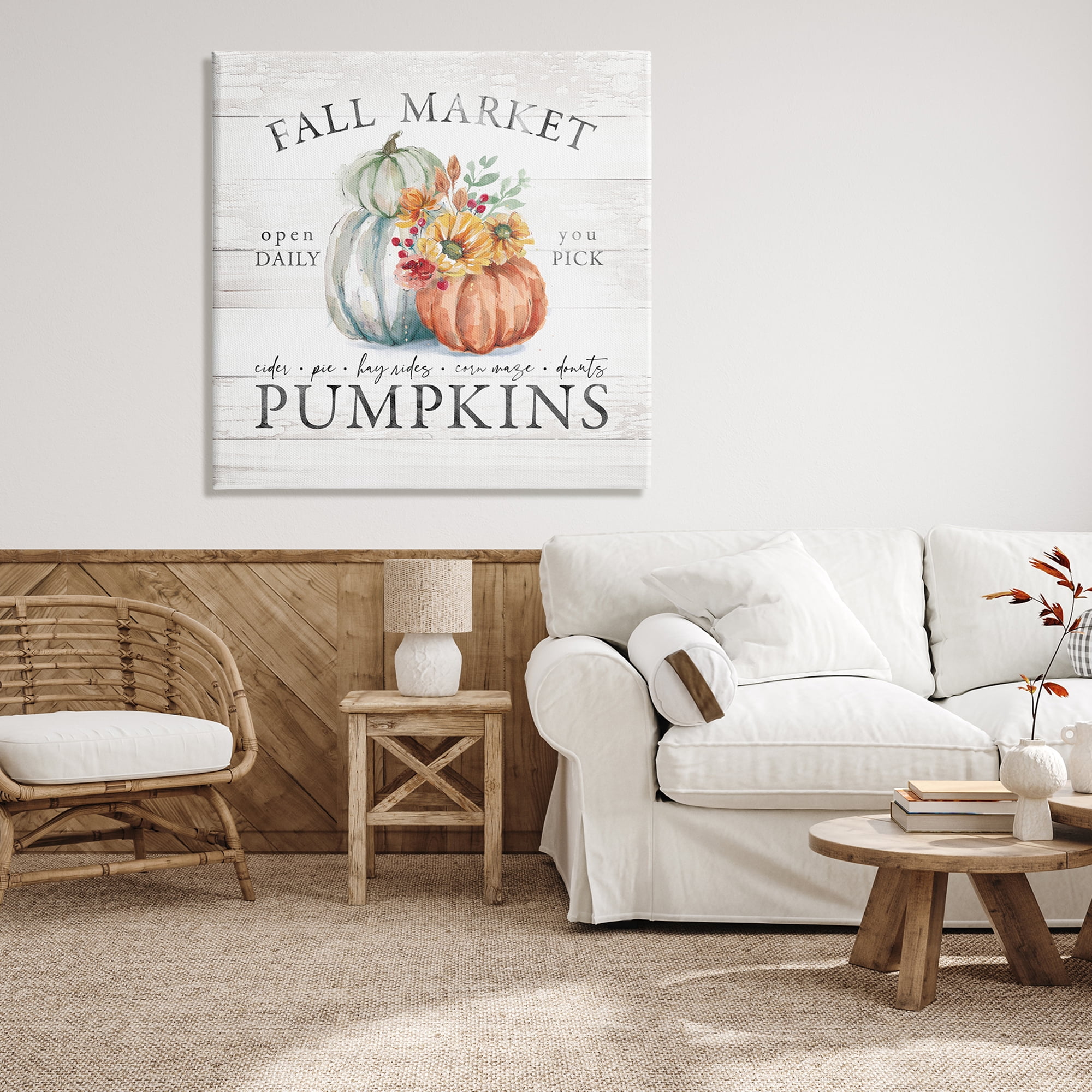 Fall Market Pumpkins Rustic Country Sign Autumn Florals Botanical & Floral Graphic Art Gallery-Wrapped Canvas Print Wall Art