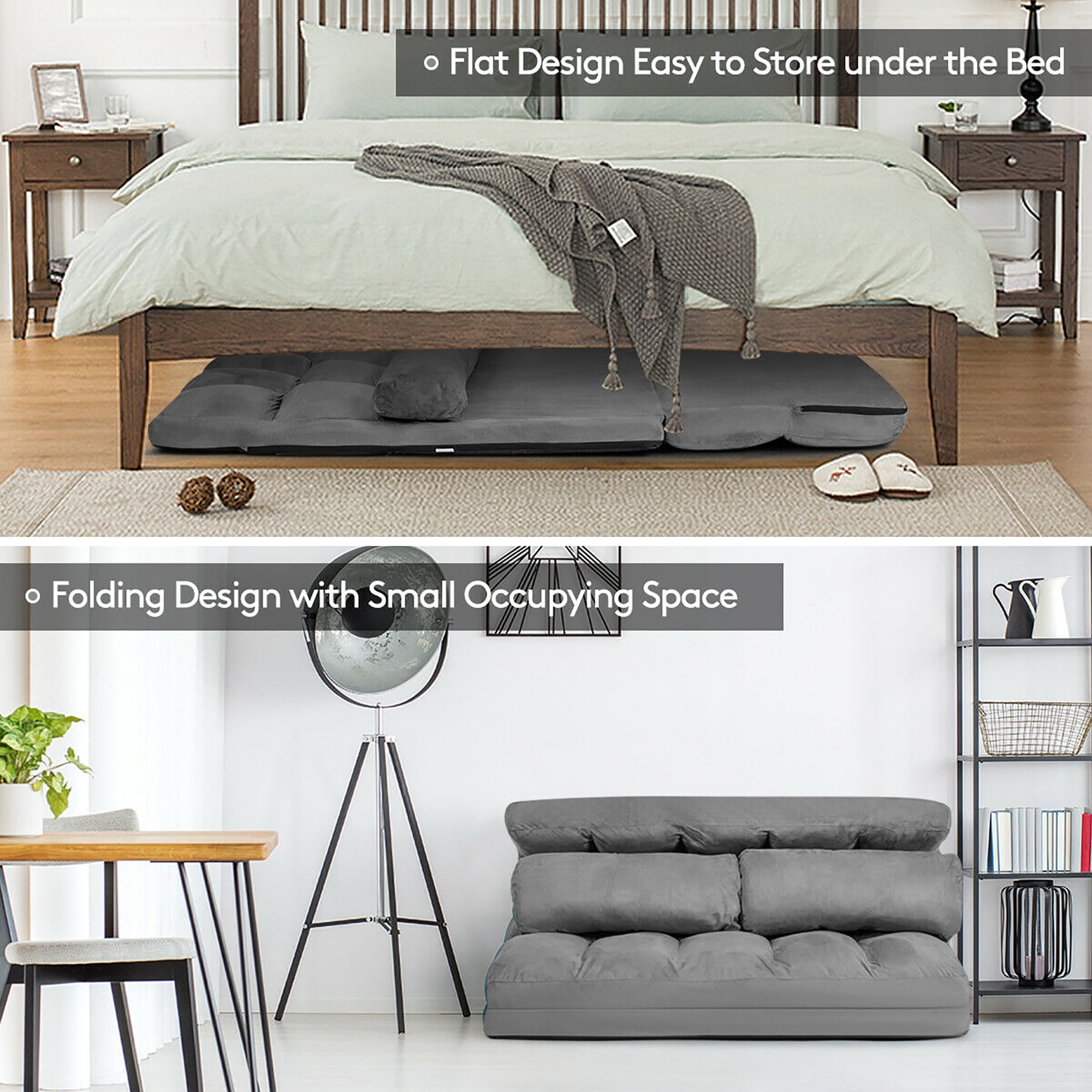 Costway Foldable Floor Sofa Bed 6-Position Adjustable Lounge Couch with 2 Pillows Grey