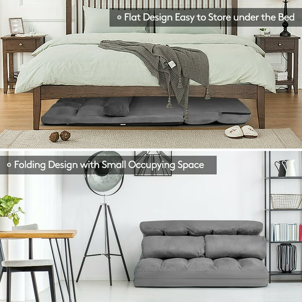 COSTWAY Canapé-Lit Paresseux Pliable, Canapé Convertible avec Dossier Réglable à 6 Positions, Matelas-Lit Pliant en Tissu Velours, Chauffeuse avec 2 Oreillers, pour Salon, Chambre(Gris Clair