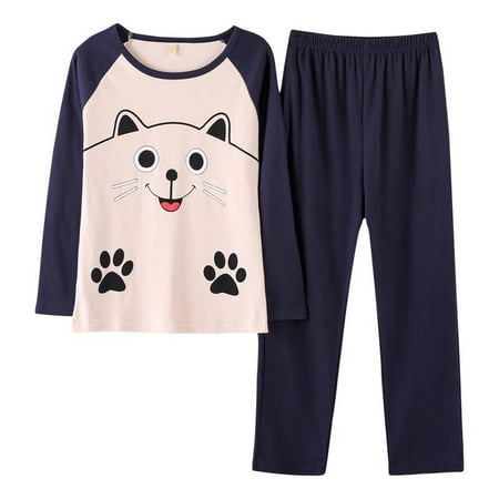 

Cartoon Printed Sleepwear Set Long Sleeve Women Pajamas Set Soft Loose Home Clothes Smiley cat L