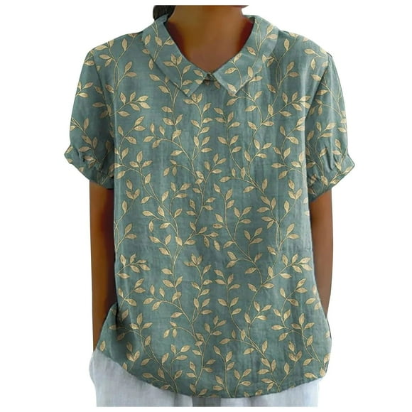 Fgnfyis Été Dames Élégant Col à Revers Col Rond Chemise en Lin Imprimée Ample Chandail Vintage Décontracté T-Shirt T-Shirts pour Femmes Vert TTG