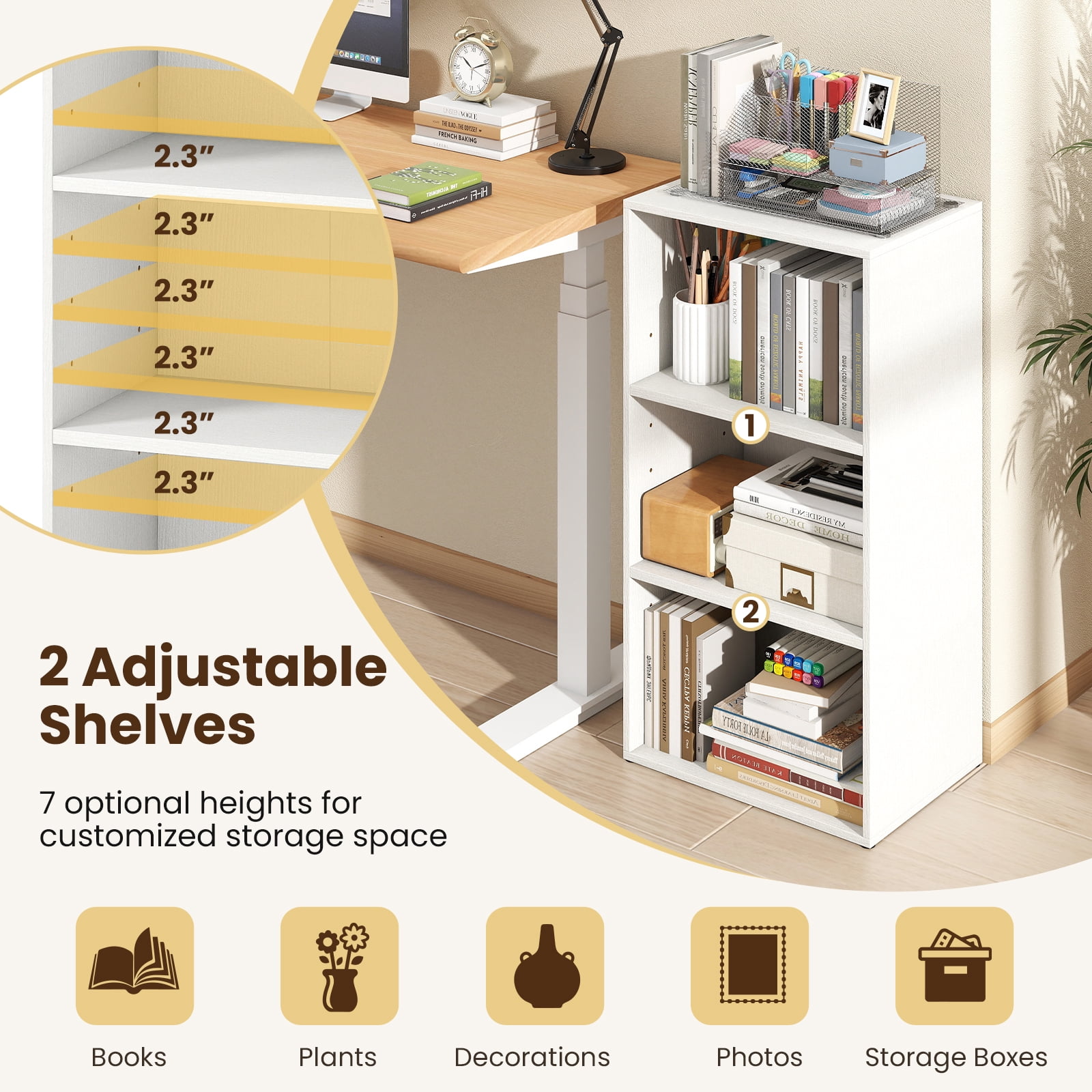 Giantex 3-Cube Bookcase, Floor Standing Open Bookshelf w/7-Position Adjustable Shelves, Modern Display Shelf, White