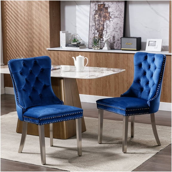 Modern Velvet Dining Chairs Set of 2 with Chrome Legs and Nailhead Trim, Upholstered Side Chairs for Kitchen and Dining Room, Blue Accent