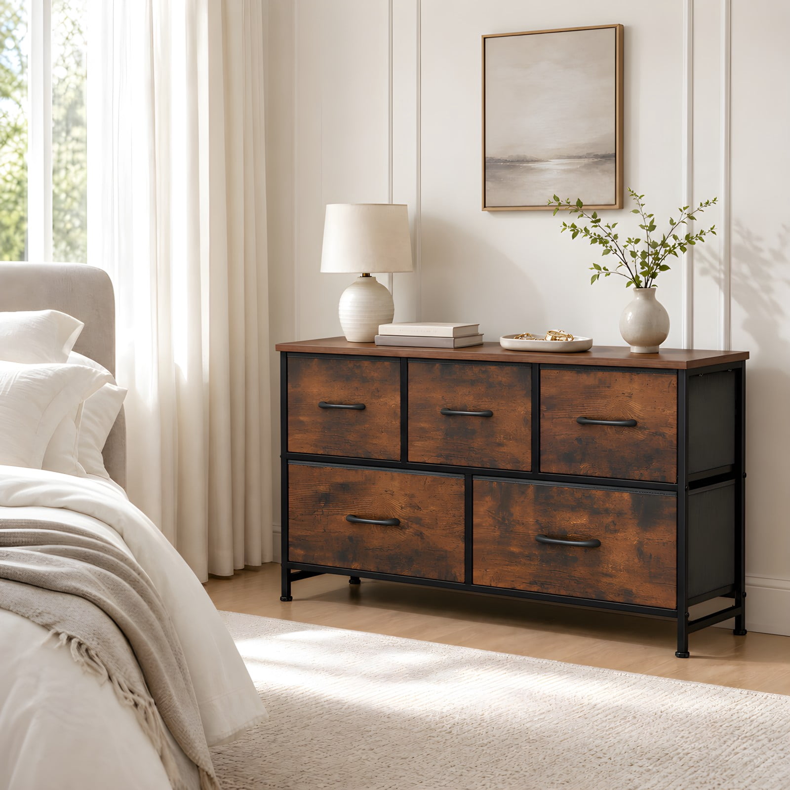 Telyra 5-Drawer Fabric Dresser TV Stand Organizer with Wood Top and Metal Frame, Rust