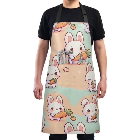 Cute Rabbit Hold Carrot Kitchen Apron with 2 Pockets Adjustable waterproof Cooking Aprons for Women Men Chef