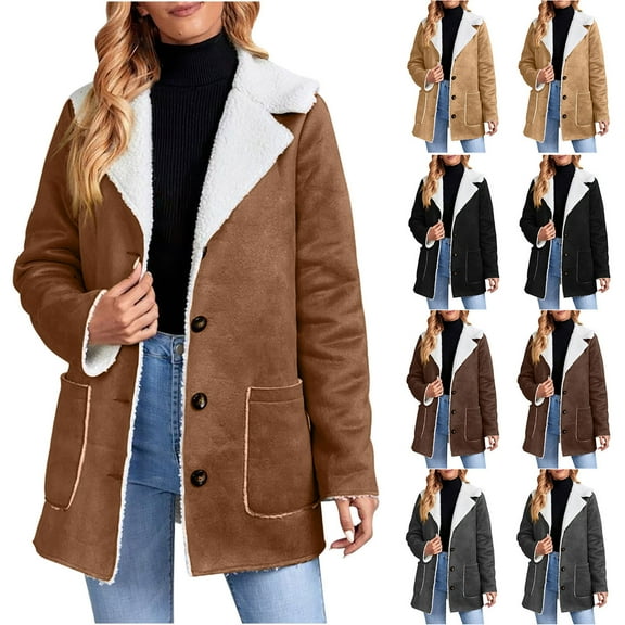 Lovskoo 2024 Women 2023 Winter Faux Suede Coats Fleece Shearling Lined Jacket Faux Fur Lapel Pockets Warm Fall Trendy Outerwear Black