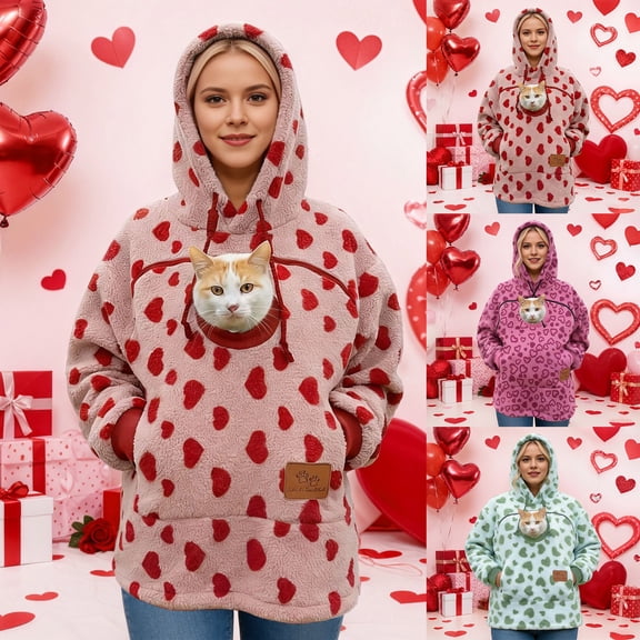 Kcolen Pet Carrier Cat Pouch Hoodie,Valentine's Day Heart Hooded Sweatshirt with Large Zip Kangaroo Pocket, Fuzzy Pet Carrier Zipper Hoodies Unisex Outdoor Tops Green
