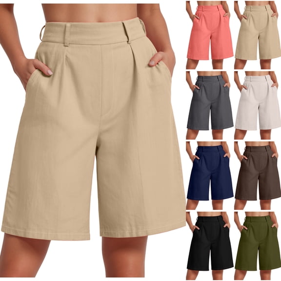 larppty Women's High Waisted Pleated Bermuda Shorts with Pockets, Casual Knee-Length Summer Shorts(Khaki, L)