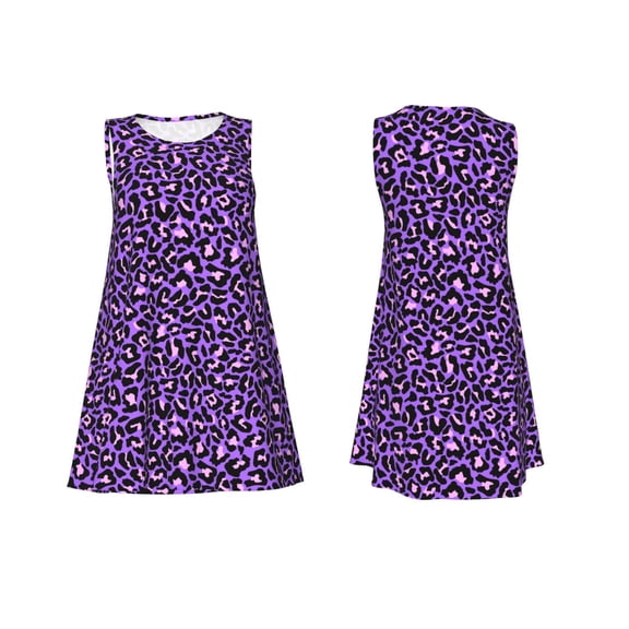 Horeoi Purple Leopard Print Women's Sleeveless Dress Cotton-like Flared Hem Deep Side Pockets Above-Knee