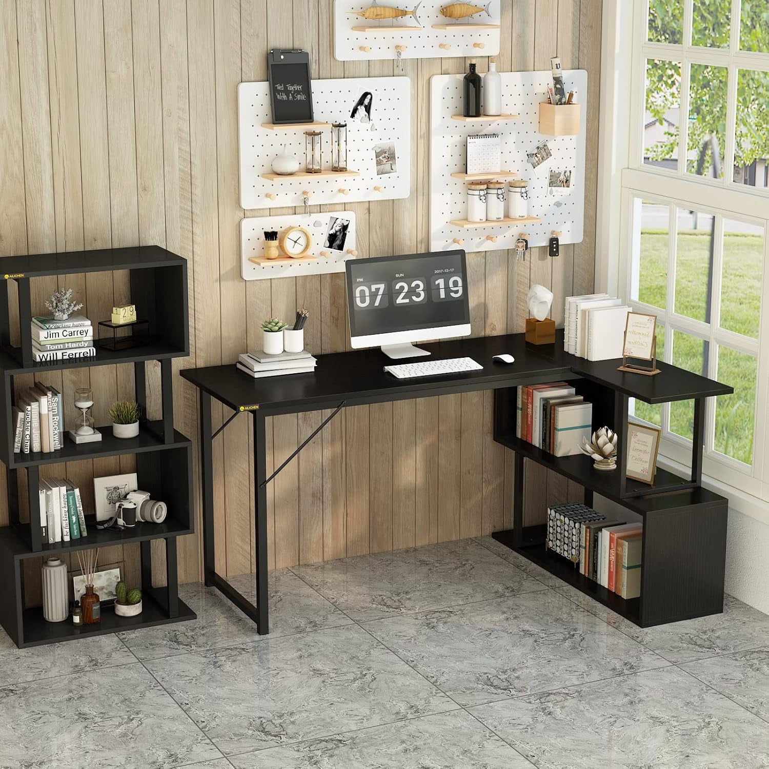 L Shaped Computer Desk with 2 Shelves Bookshelf, Modern Corner Computer Desk with Storage, Office Desk Study Table Writing Desk for Home Office