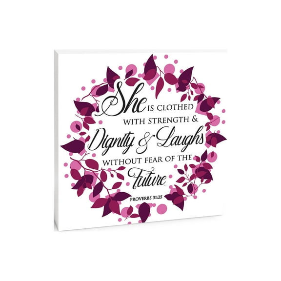 Strength Dignity Laughs Magenta Foliage 10 x 10 Wood Tabletop Sign Plaque
