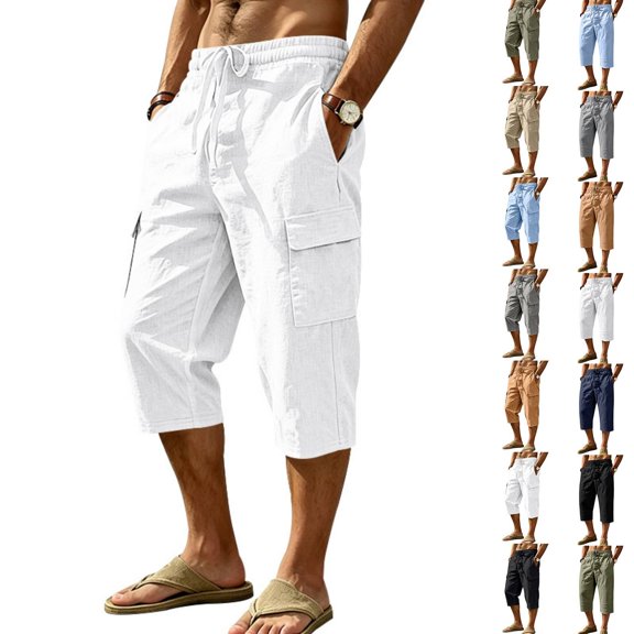 Linen Capri Pants for Men Big and Tall Classic Straight Leg Cargo Capris Elastic Waist Pull On Cropped Lounge Pants White XL