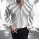 thumbnail image 3 of Camisa formal para hombre, con solapa abotonada, color negro y blanco, manga larga, cuello a rayas, ropa de trabajo para bodas, talla grande 5XL, 3 of 4