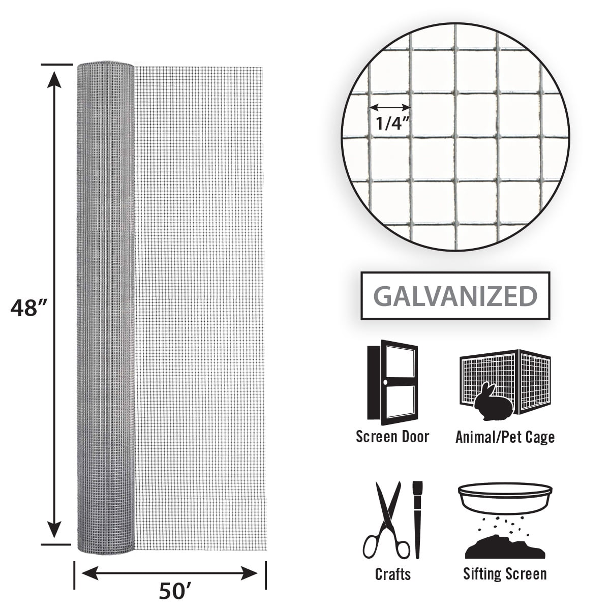 48in H x 50ft L Galvanized Hardware Cloth with 1/4in Openings