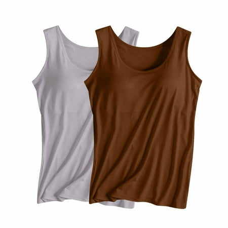 ZQGJB Pack of 2 Womens Tank Tops with Built-in Bra Padded  Plus Size Casual Solid Sleeveless Suspender Cami Tanks Layering Basic Undershirts Comfy Athletic Yoga Tops Wine&White L