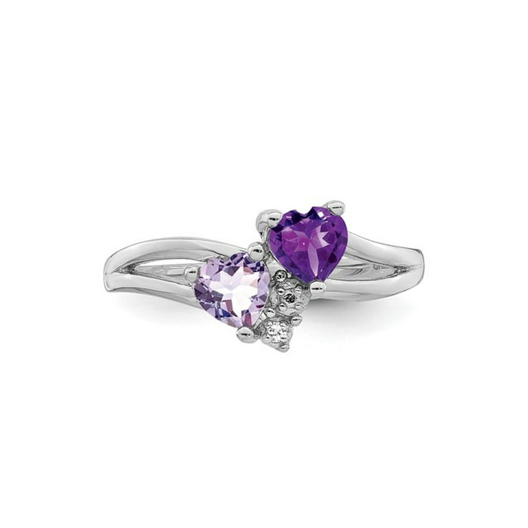 Sterling Silver Amethyst & Pink Quartz & Diamond Double Heart Ring Sterling Silver Amethyst & Pink Quartz & Diamond Double Heart Ring