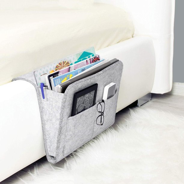 Saco de dormir para sofá gris - Bolsa de mesita de noche de fieltro antideslizante para libros, revistas, iPad, teléfono celular, control remoto gris, organizador de almacenamiento de cama con bolsillo colgante JM