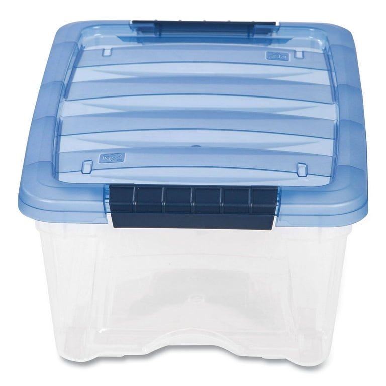 Stack and Pull Latching Flat Lid Storage Box, 3.23 gal, 10.9 x 16.5 x  6.5, Clear/Translucent Blue