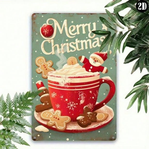 HELLOYOUNG Vintage Metal Sign - Merry Christmas Hot Cocoa & Gingerbread Wall Art, Santa/Snowflakes/Reindeer, Rustic Indoor/Outdoor Decor
