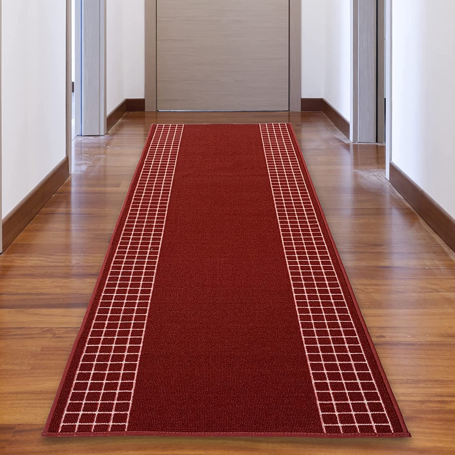 Runner Rug for Hallway Checkered Bordered Red Color 26 Inch or 31 Inch Wide by Your Length Choice Slip Resistant Rubber Backing Stain Resistant Pile Stair Runner