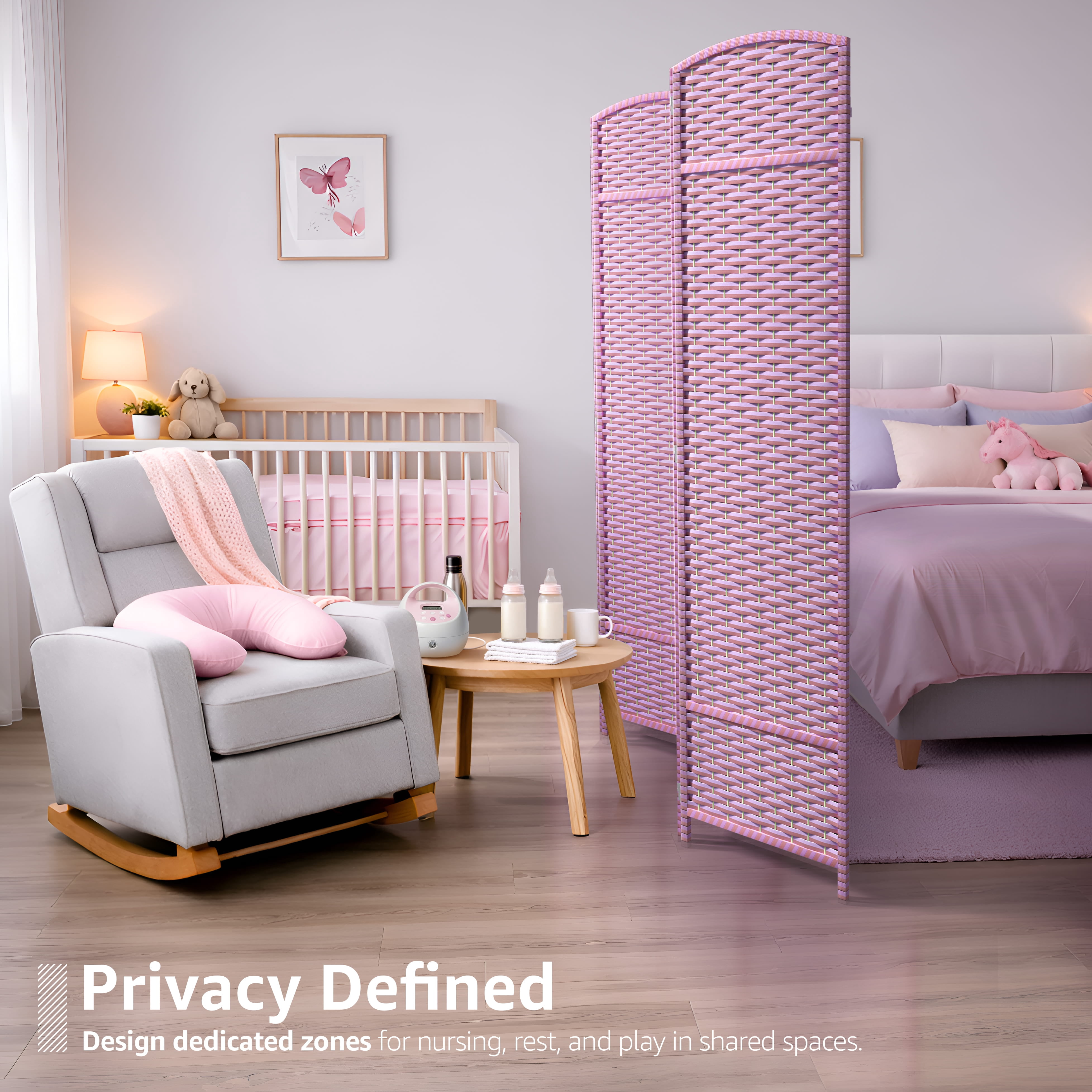Sorbus 4-Panel Extra-Wide Folding Room Divider Privacy Screen, Hand-Woven Purple Mesh